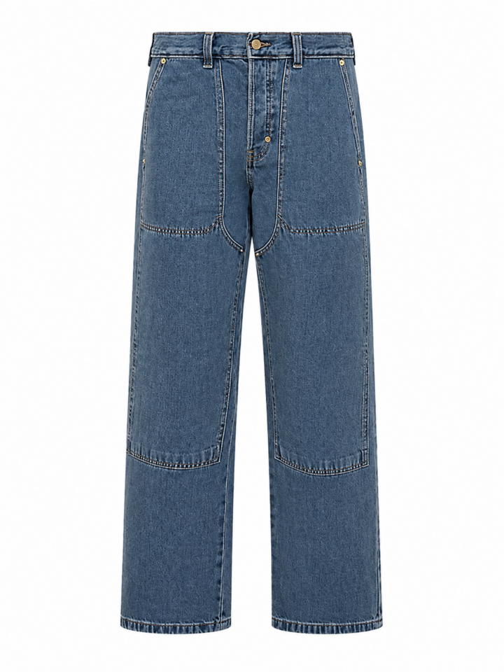 Medium Wash Blue Wide-Leg Straight Jeans with Paneled Detail