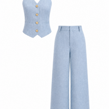Light Blue Halter-Neck Vest and Wide-Leg Trouser Set