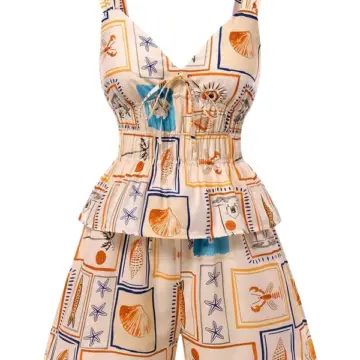 Cream Maritime Print Peplum Top and Wide-Leg Shorts Set