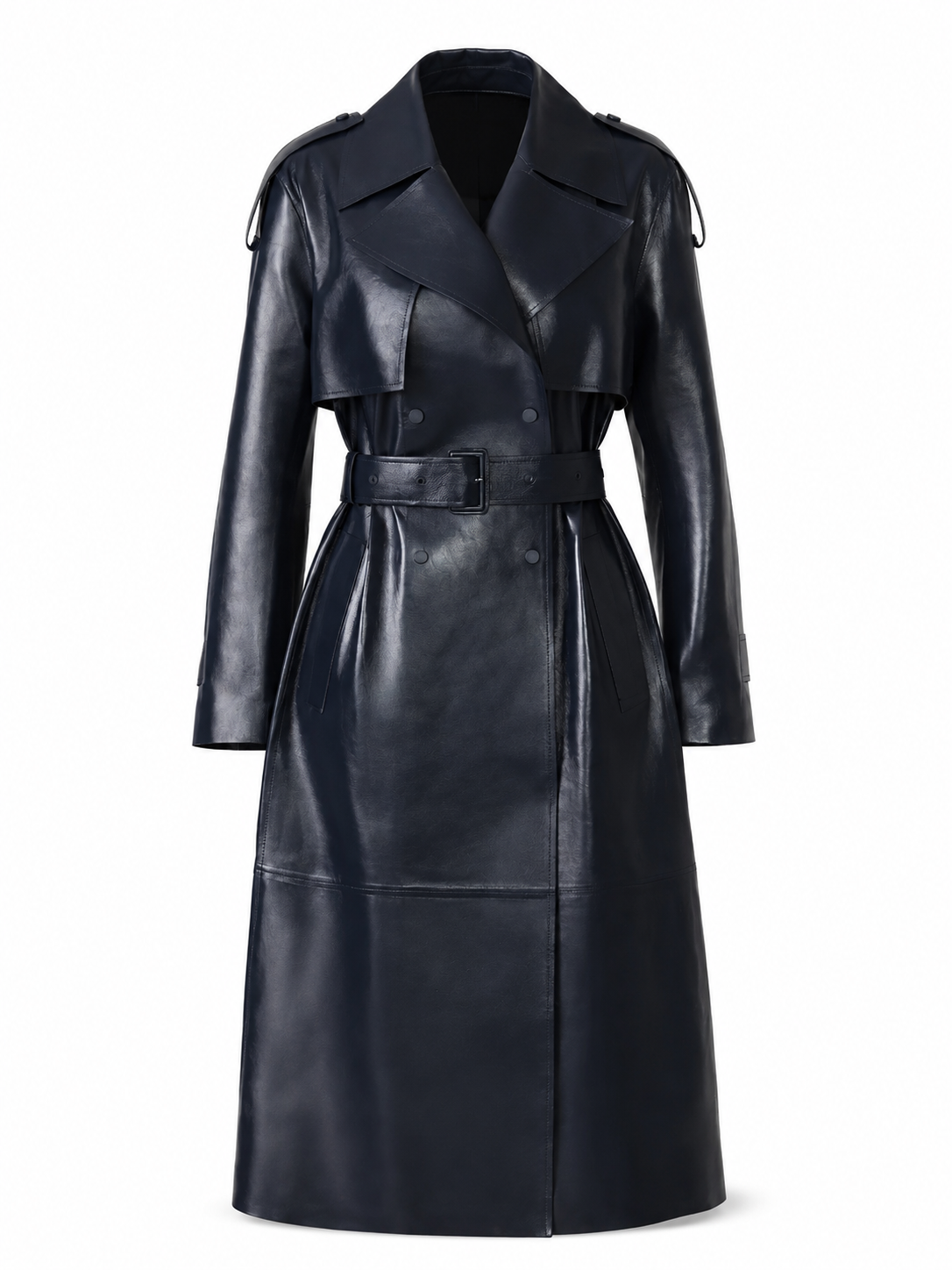 Navy Blue Longline Trench Coat with Belt and Notched Lapel