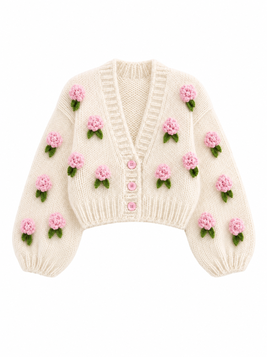 Cream Floral Appliqué Cardigan with Balloon Sleeves