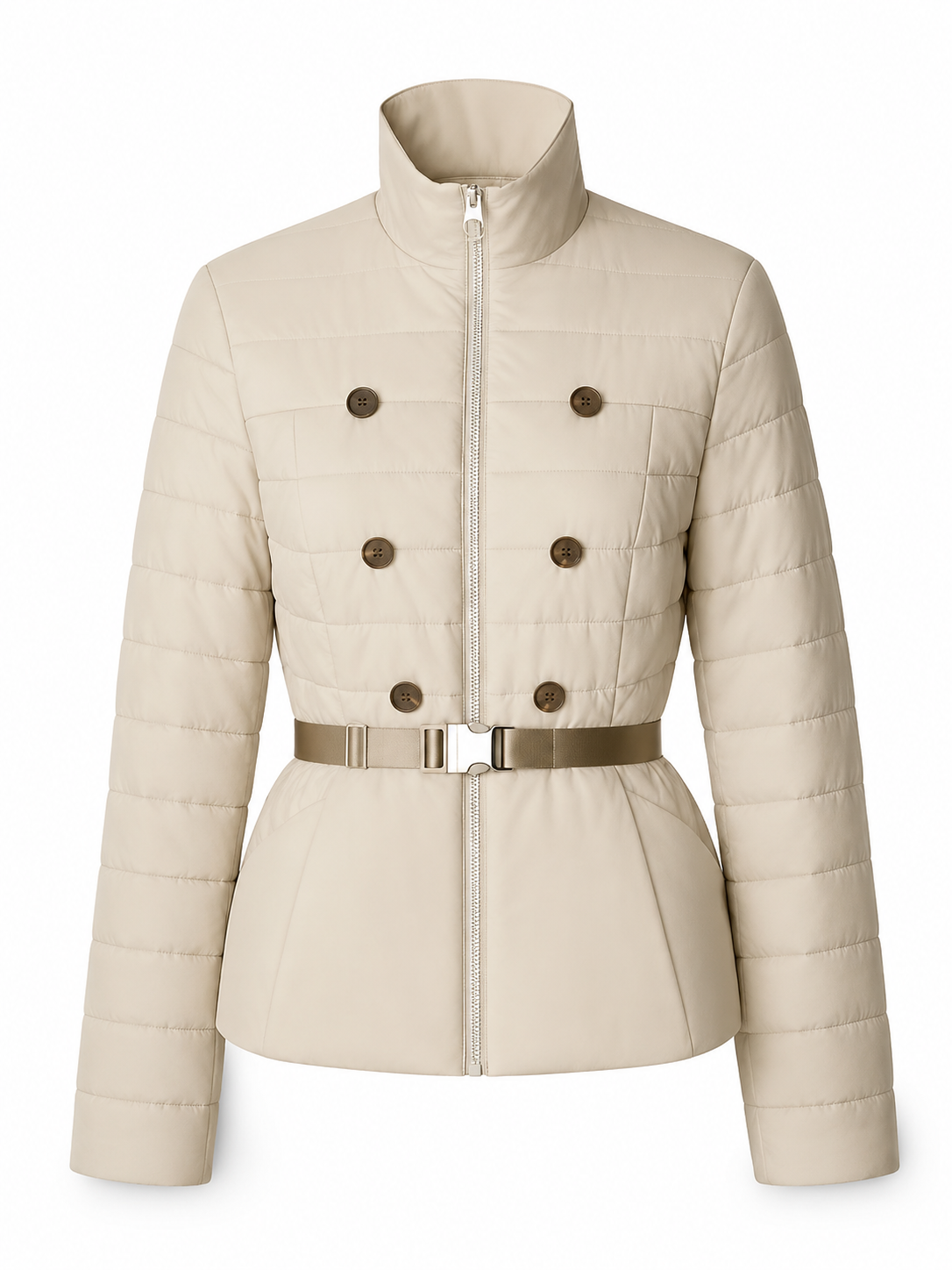 Beige Longline Hooded Coat with Toggle Closures