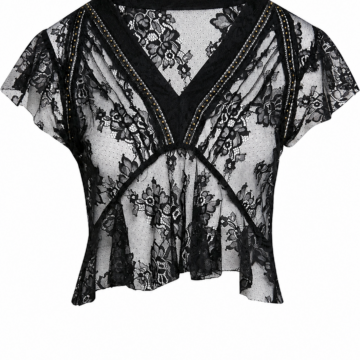 Black Sheer Floral Lace V-Neck Flutter Sleeve Top