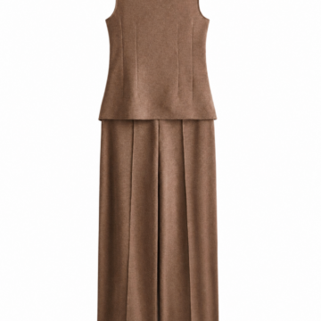 Brown Sleeveless Mock-Neck Top and Wide-Leg Pleated Trouser Set