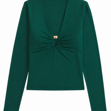 Dark Green V-Neck Ruched Long Sleeve Top