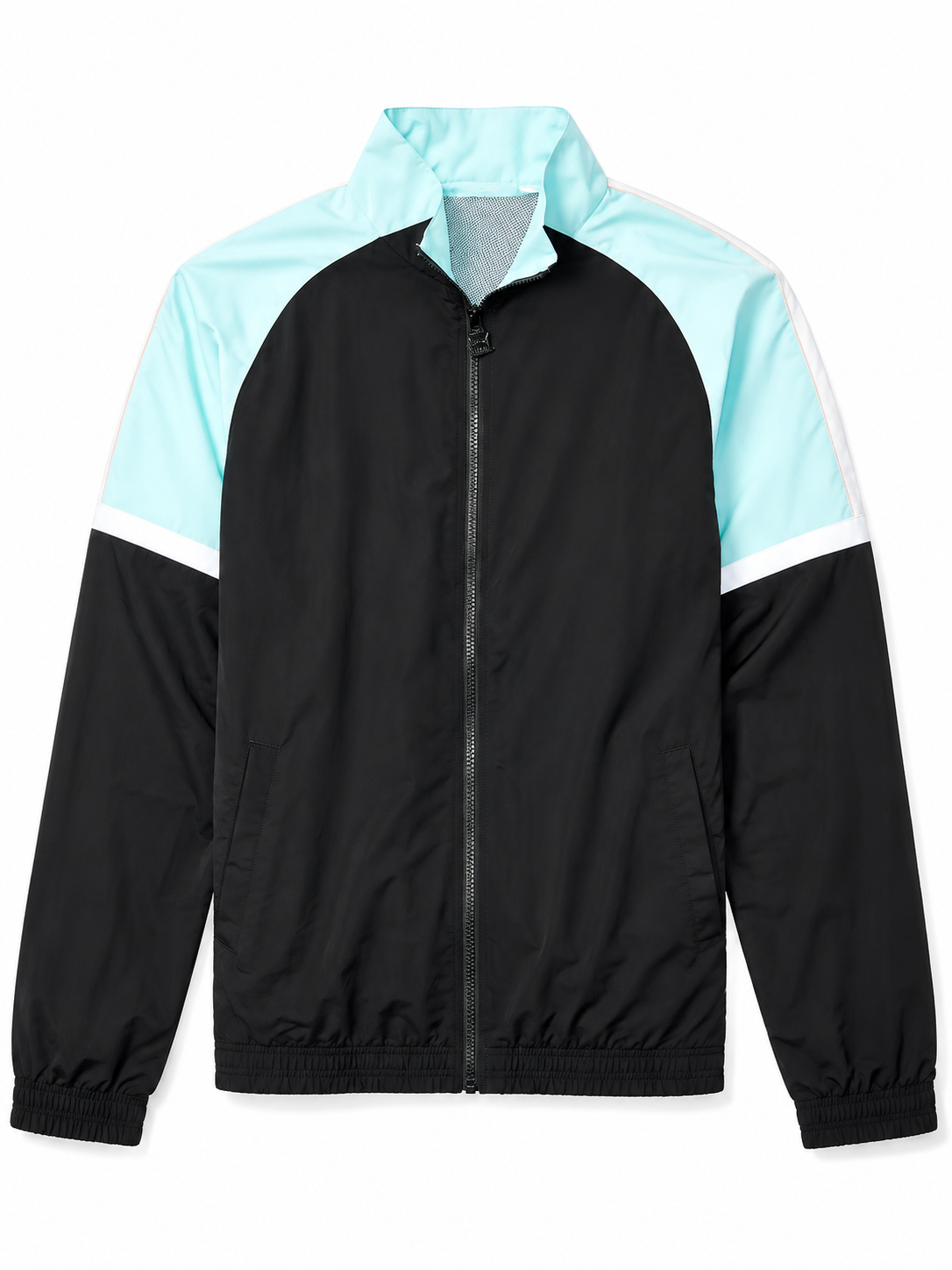 Black Light Blue Color-Block Zip-Up Track Jacket with Stand Collar