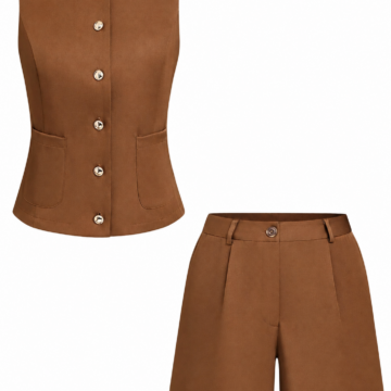 Brown Sleeveless Button-Front Vest and High-Waisted Shorts Set
