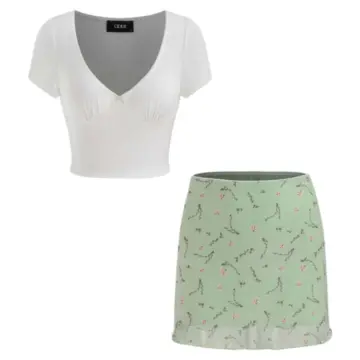 White Crop Top and Floral Mini Skirt Two-Piece Set