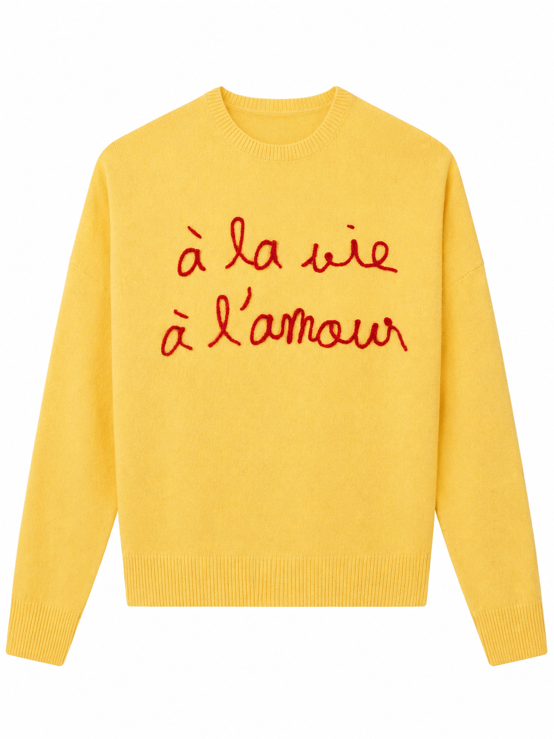Yellow Crew Neck Pullover Sweater with Script Embroidery