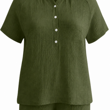 Dark Olive Green Crinkled Textured Top and Cuffed Shorts Set