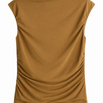 Brown Scoop Neck Ruched Cap Sleeve Fitted Top