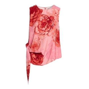 Pink Rose Print Sleeveless Asymmetrical Hem Top