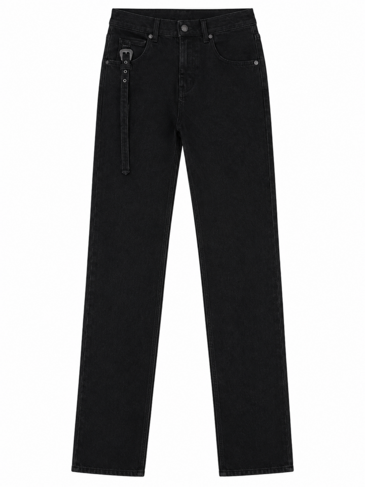 Black High-Rise Straight-Leg Jeans with Detachable Buckle Strap