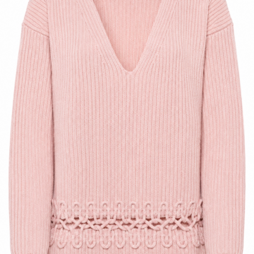 Light Pink Ribbed V-Neck Sweater with Openwork Hem