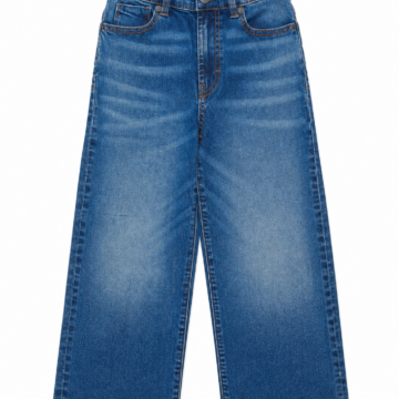 Medium Wash Blue Wide Straight-Leg Jeans with Fading and Whiskering
