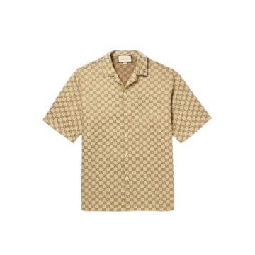 Beige Brown Monogram Print Short Sleeve Button-Up Shirt